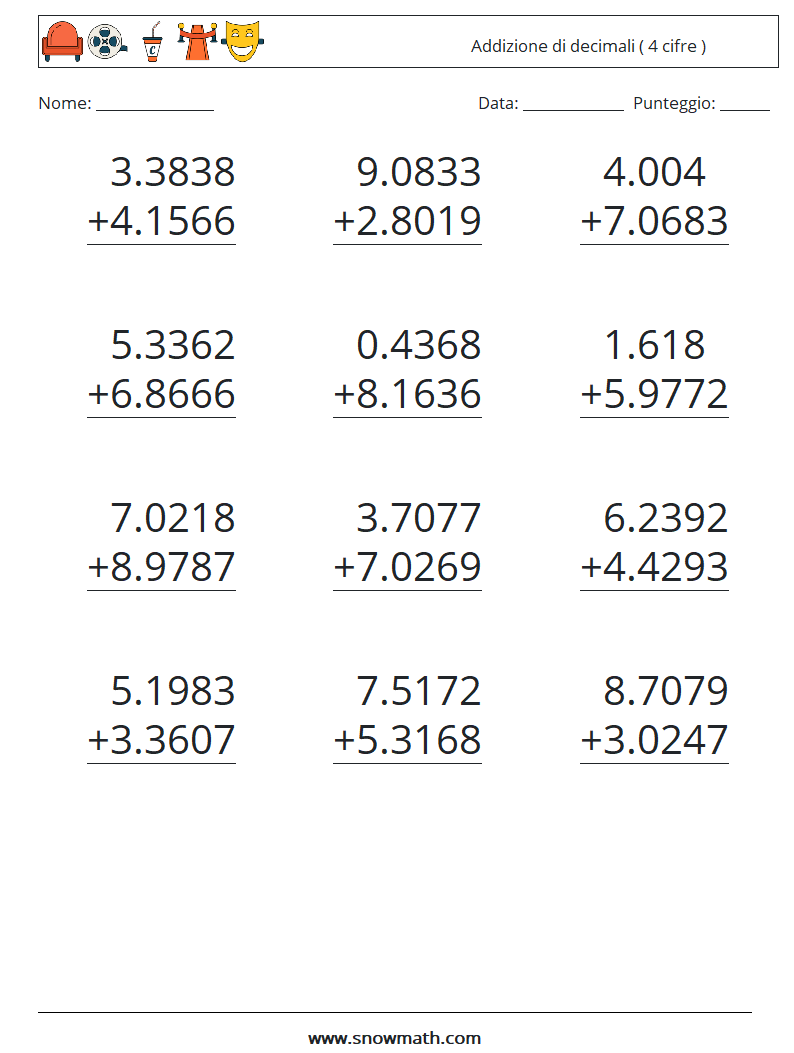 (12) Addizione di decimali ( 4 cifre ) Fogli di lavoro di matematica 4