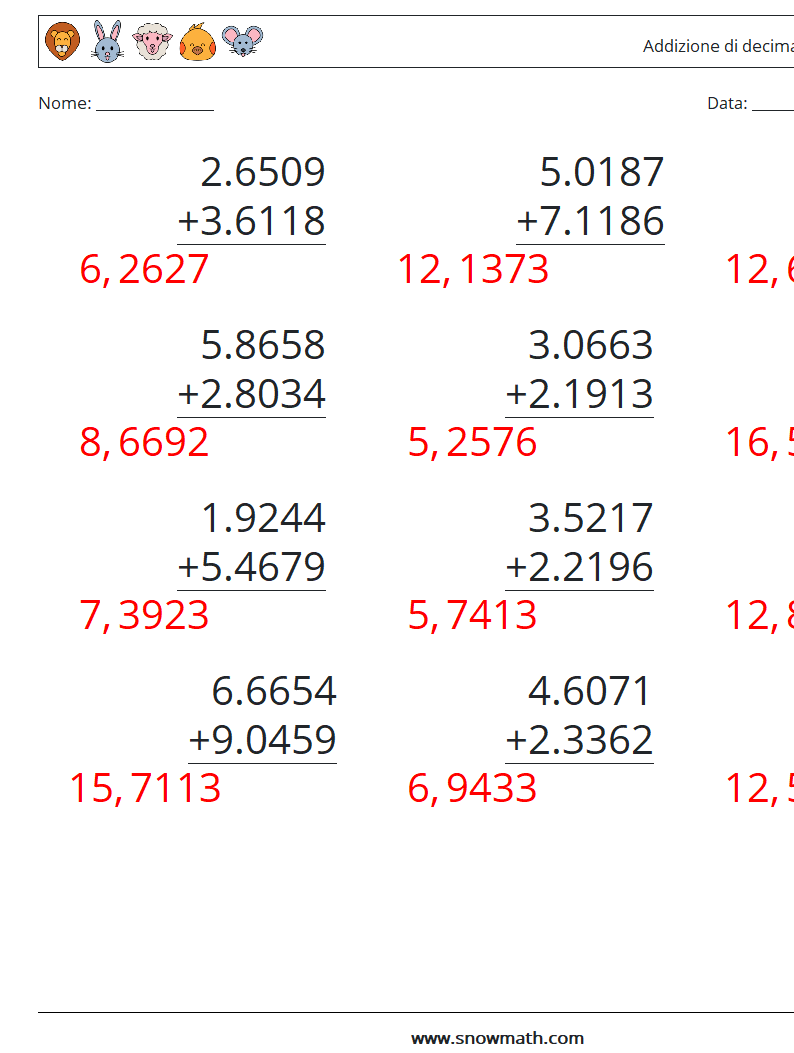 (12) Addizione di decimali ( 4 cifre ) Fogli di lavoro di matematica 5 Domanda, Risposta