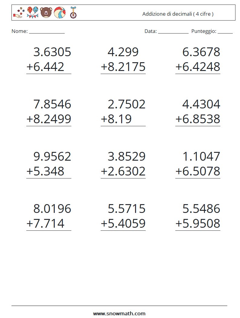 (12) Addizione di decimali ( 4 cifre ) Fogli di lavoro di matematica 6