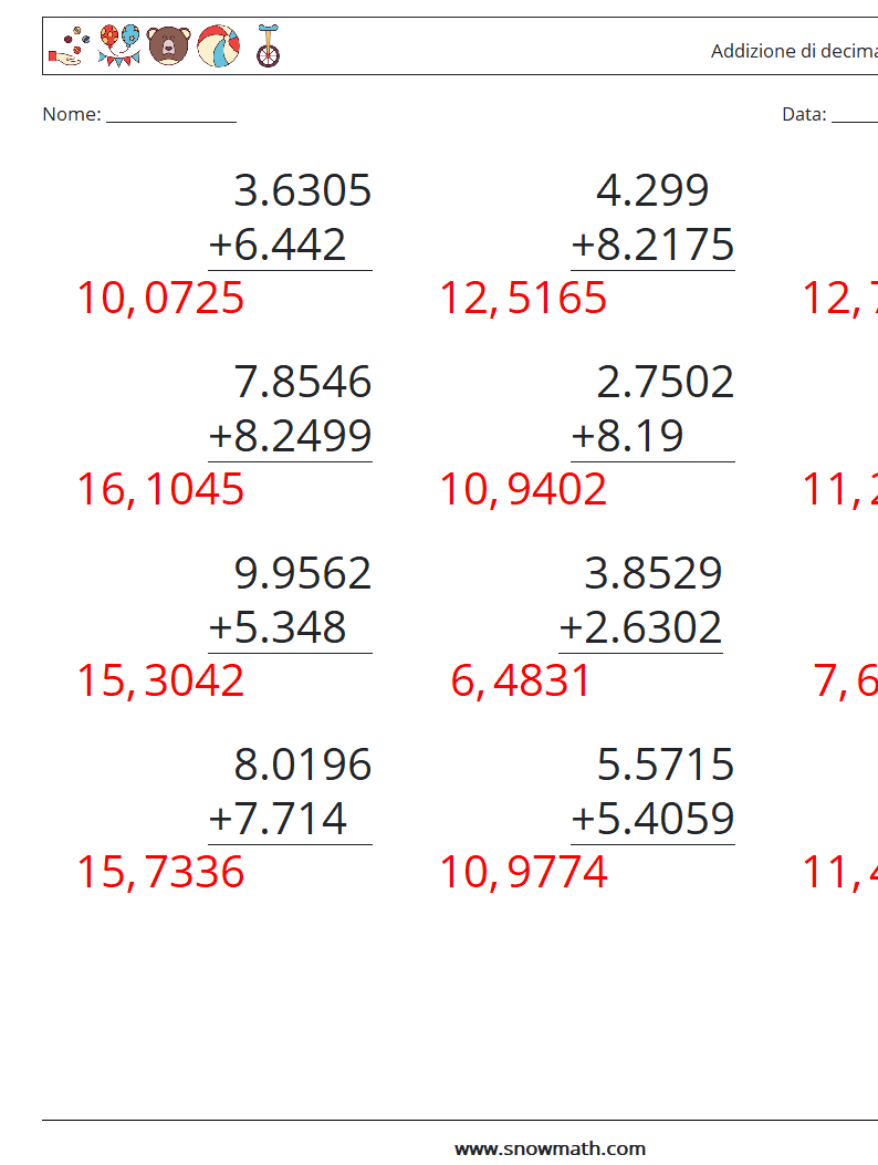 (12) Addizione di decimali ( 4 cifre ) Fogli di lavoro di matematica 6 Domanda, Risposta