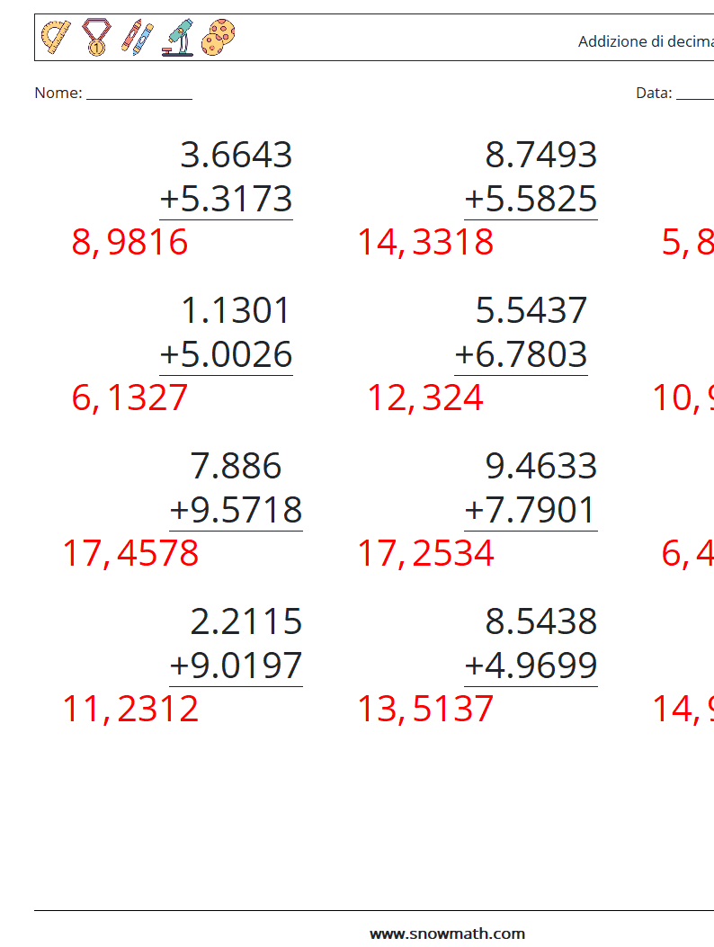 (12) Addizione di decimali ( 4 cifre ) Fogli di lavoro di matematica 7 Domanda, Risposta