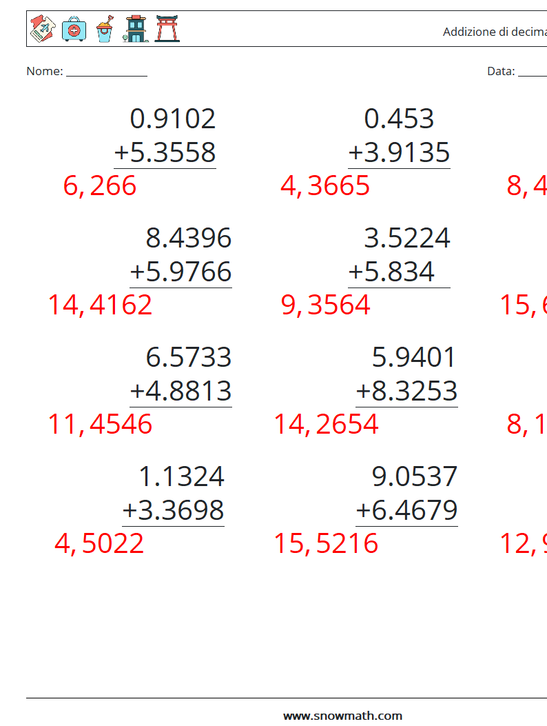 (12) Addizione di decimali ( 4 cifre ) Fogli di lavoro di matematica 8 Domanda, Risposta