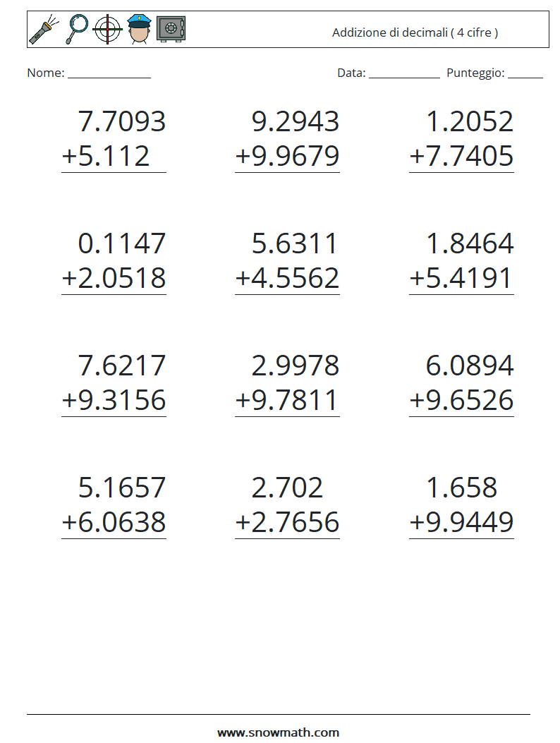 (12) Addizione di decimali ( 4 cifre ) Fogli di lavoro di matematica 9