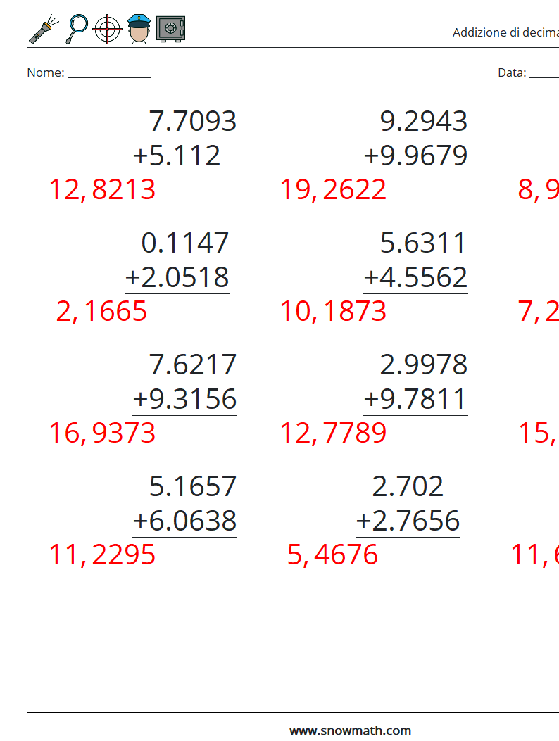 (12) Addizione di decimali ( 4 cifre ) Fogli di lavoro di matematica 9 Domanda, Risposta