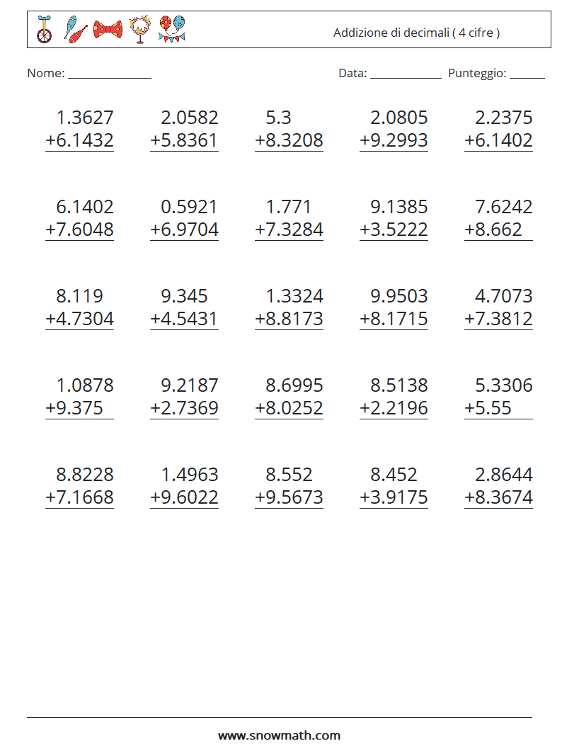 (25) Addizione di decimali ( 4 cifre ) Fogli di lavoro di matematica 1