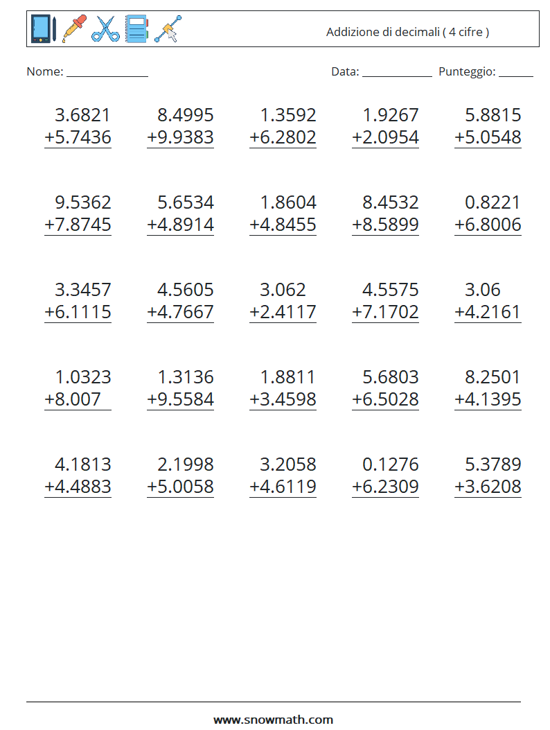 (25) Addizione di decimali ( 4 cifre ) Fogli di lavoro di matematica 13