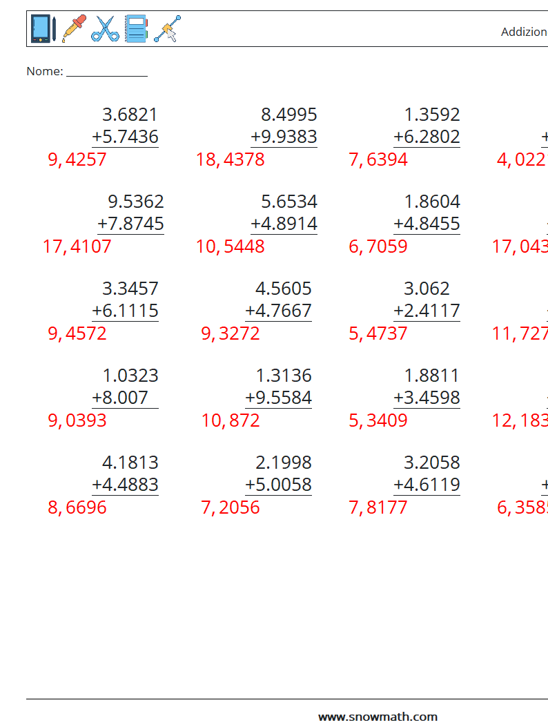 (25) Addizione di decimali ( 4 cifre ) Fogli di lavoro di matematica 13 Domanda, Risposta