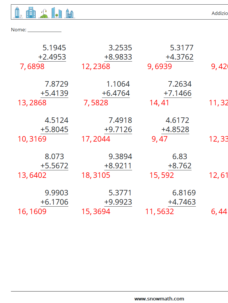 (25) Addizione di decimali ( 4 cifre ) Fogli di lavoro di matematica 14 Domanda, Risposta