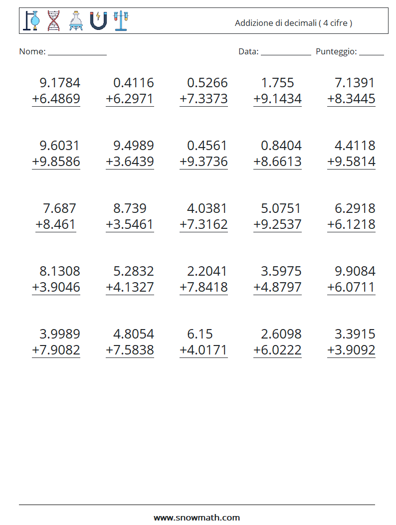 (25) Addizione di decimali ( 4 cifre ) Fogli di lavoro di matematica 15