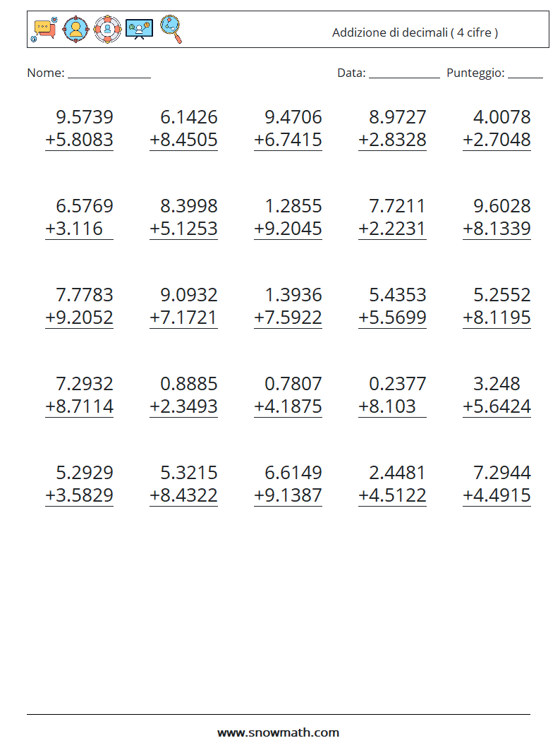 (25) Addizione di decimali ( 4 cifre ) Fogli di lavoro di matematica 18