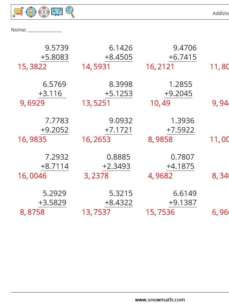 (25) Addizione di decimali ( 4 cifre ) Fogli di lavoro di matematica 18 Domanda, Risposta