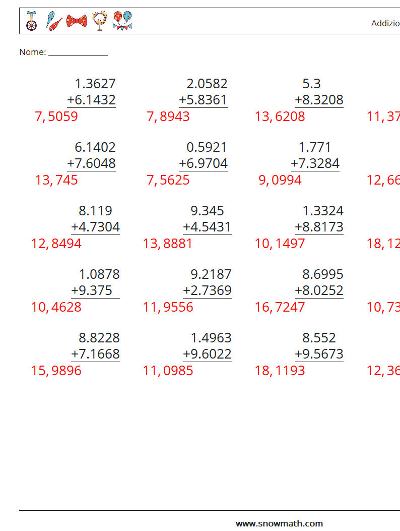 (25) Addizione di decimali ( 4 cifre ) Fogli di lavoro di matematica 1 Domanda, Risposta