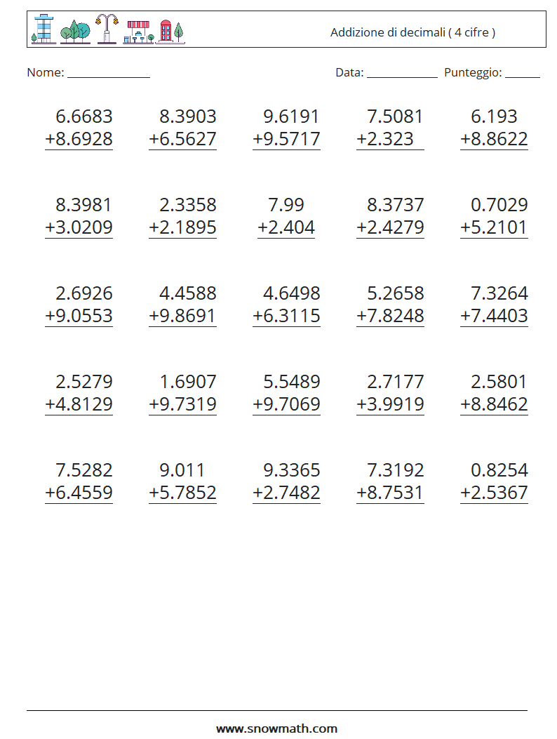 (25) Addizione di decimali ( 4 cifre ) Fogli di lavoro di matematica 2