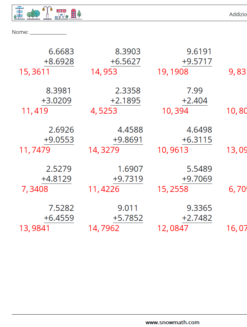 (25) Addizione di decimali ( 4 cifre ) Fogli di lavoro di matematica 2 Domanda, Risposta