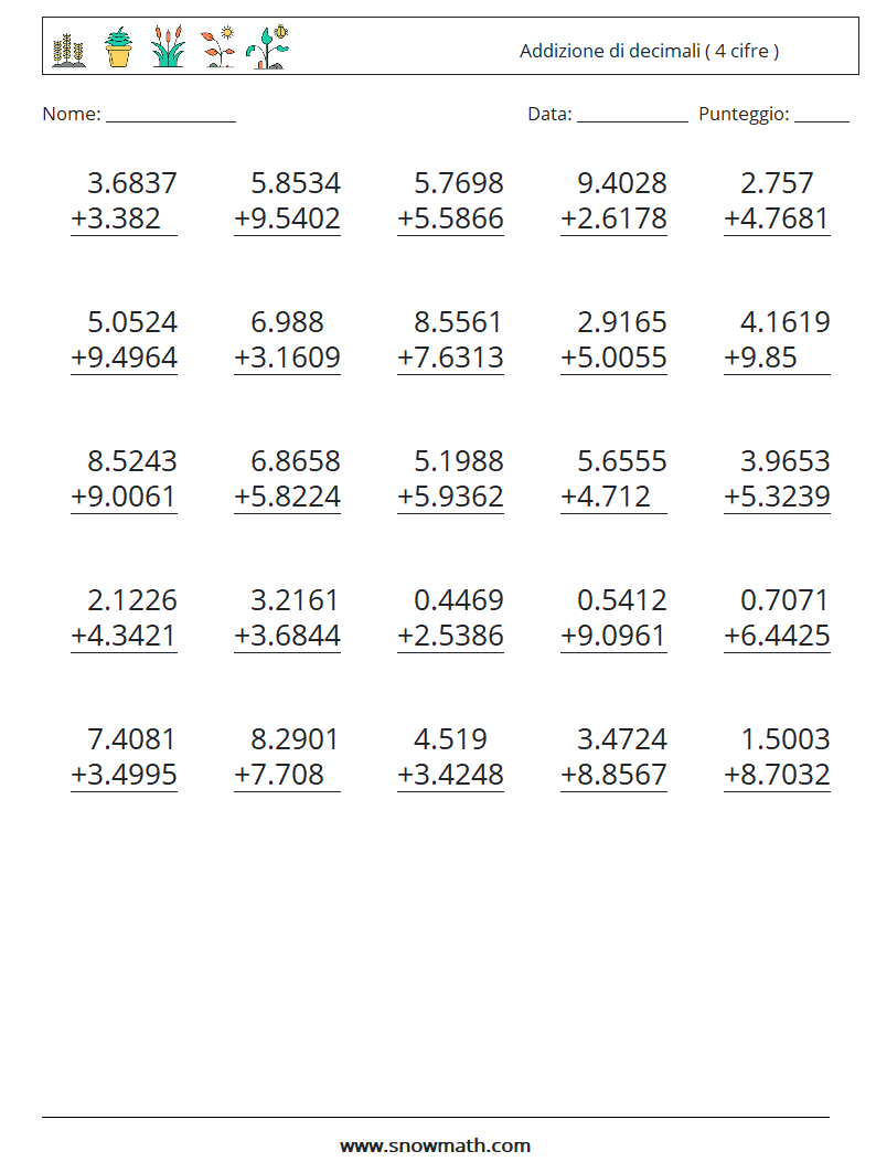 (25) Addizione di decimali ( 4 cifre ) Fogli di lavoro di matematica 3