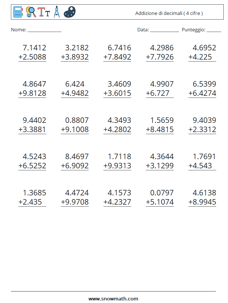 (25) Addizione di decimali ( 4 cifre ) Fogli di lavoro di matematica 4