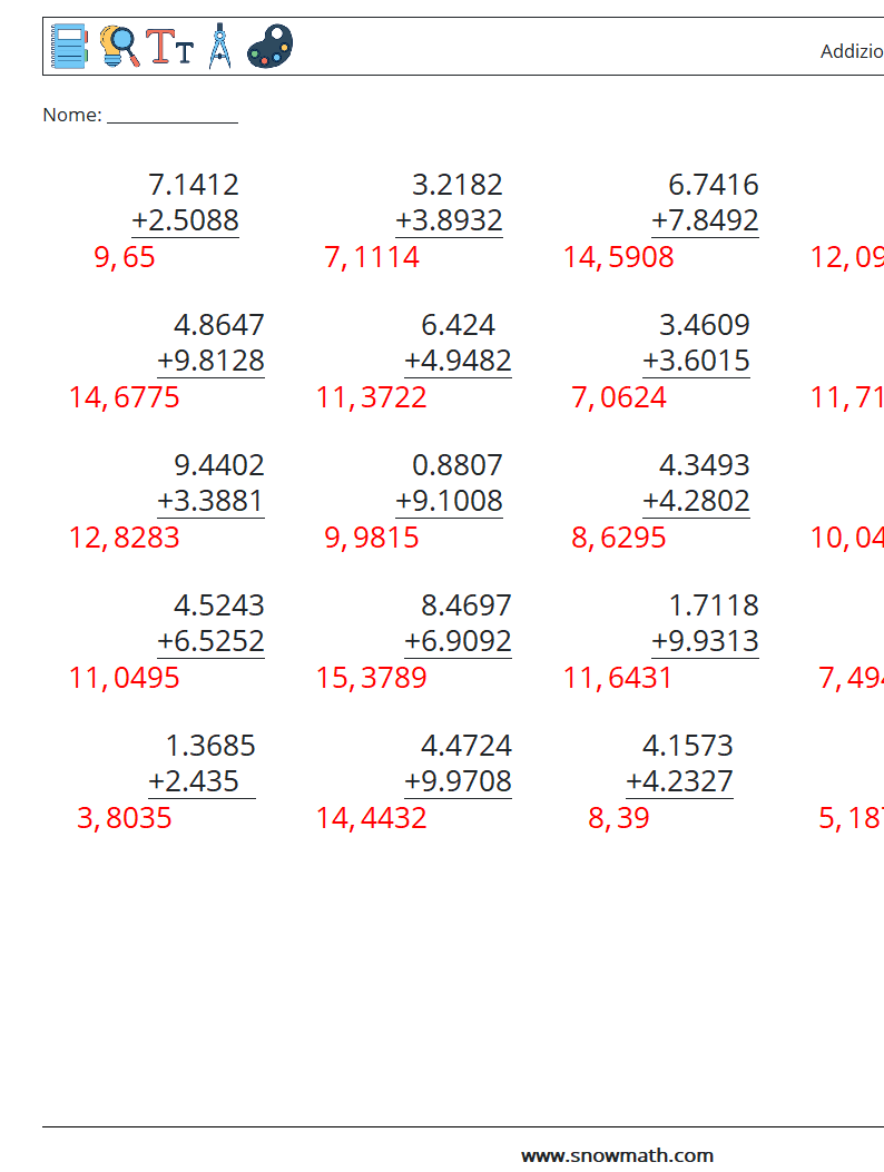 (25) Addizione di decimali ( 4 cifre ) Fogli di lavoro di matematica 4 Domanda, Risposta