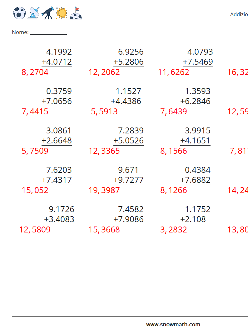 (25) Addizione di decimali ( 4 cifre ) Fogli di lavoro di matematica 5 Domanda, Risposta