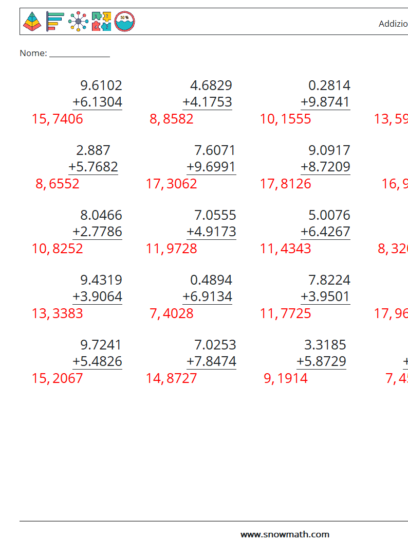 (25) Addizione di decimali ( 4 cifre ) Fogli di lavoro di matematica 7 Domanda, Risposta