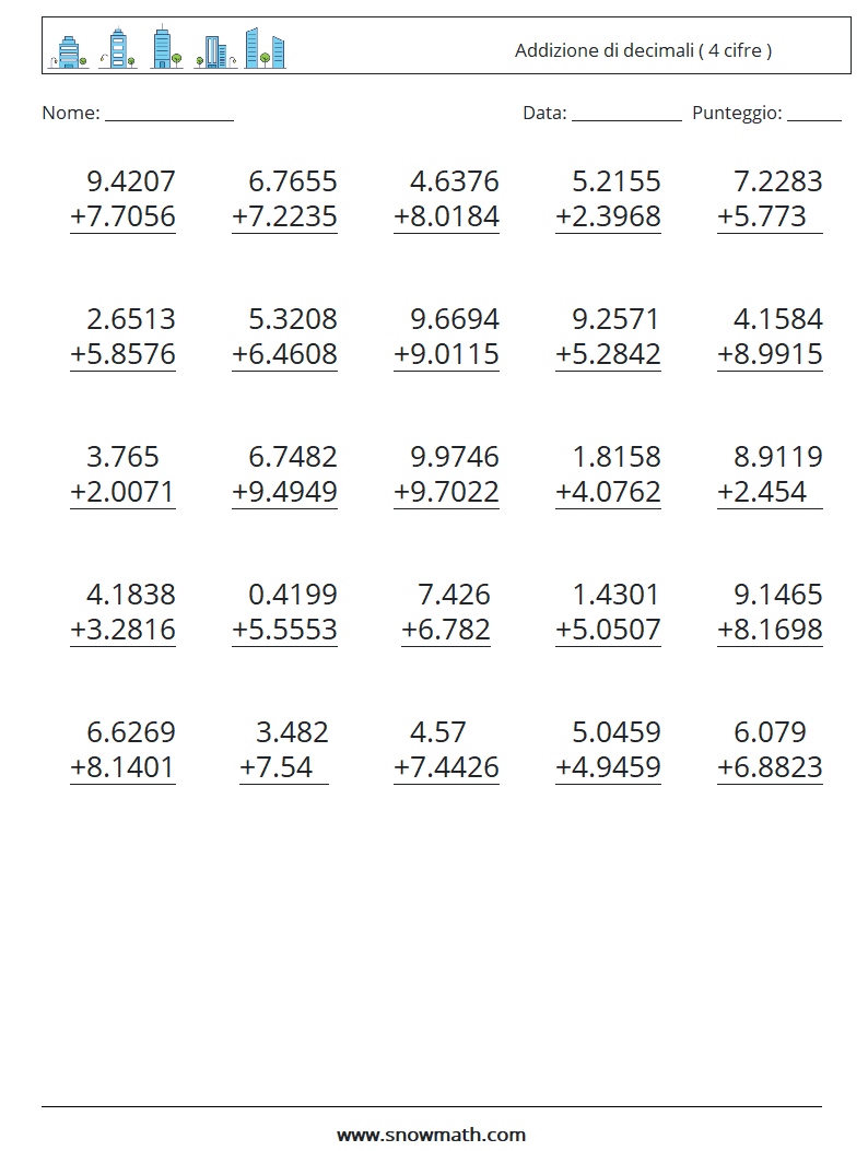 (25) Addizione di decimali ( 4 cifre ) Fogli di lavoro di matematica 8