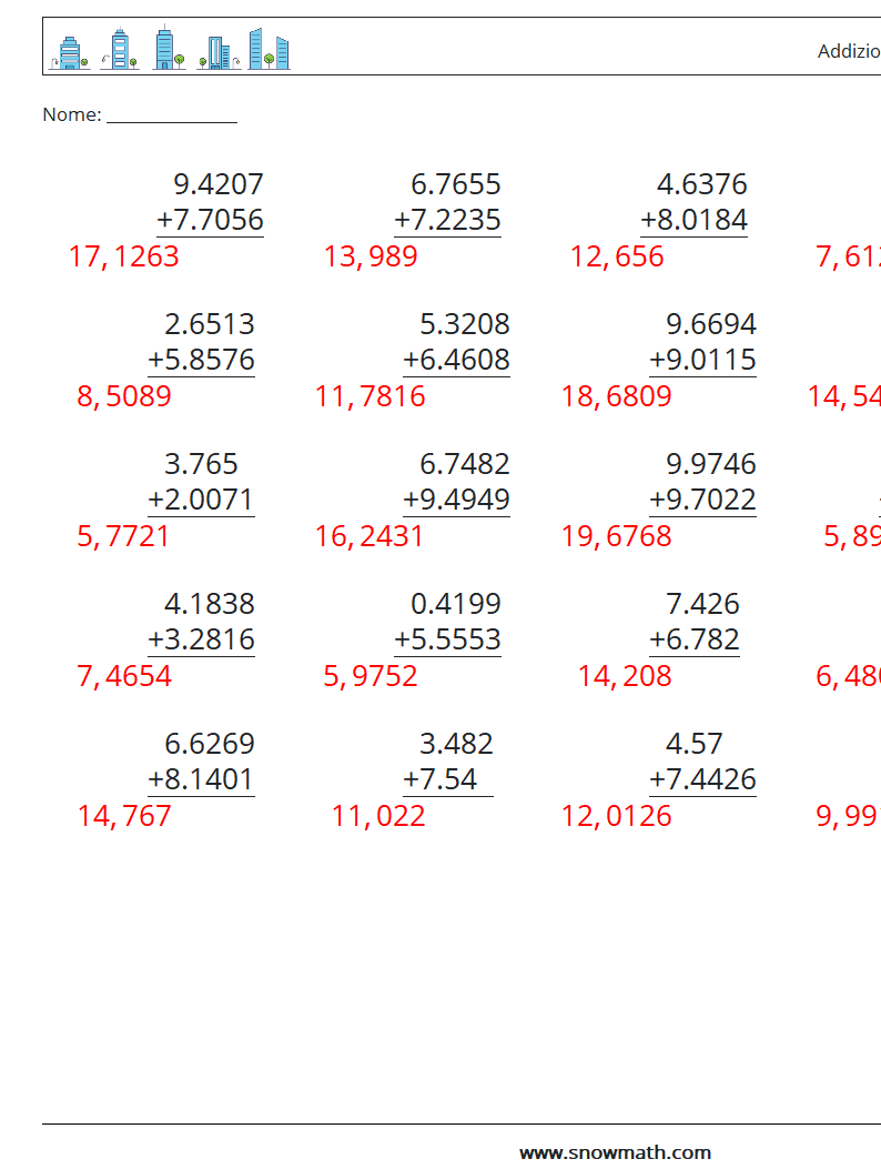 (25) Addizione di decimali ( 4 cifre ) Fogli di lavoro di matematica 8 Domanda, Risposta