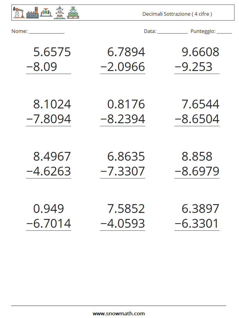 (12) Decimali Sottrazione ( 4 cifre ) Fogli di lavoro di matematica 1