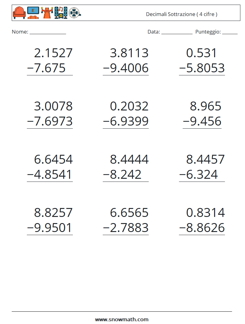 (12) Decimali Sottrazione ( 4 cifre ) Fogli di lavoro di matematica 10