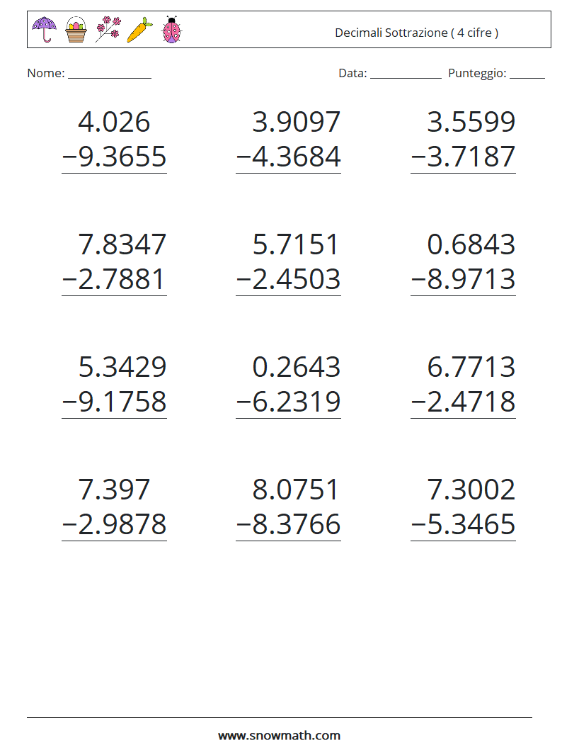 (12) Decimali Sottrazione ( 4 cifre ) Fogli di lavoro di matematica 11