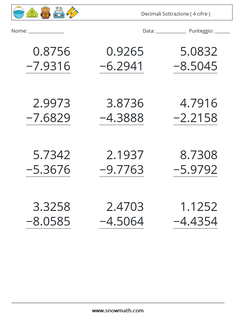 (12) Decimali Sottrazione ( 4 cifre ) Fogli di lavoro di matematica 12