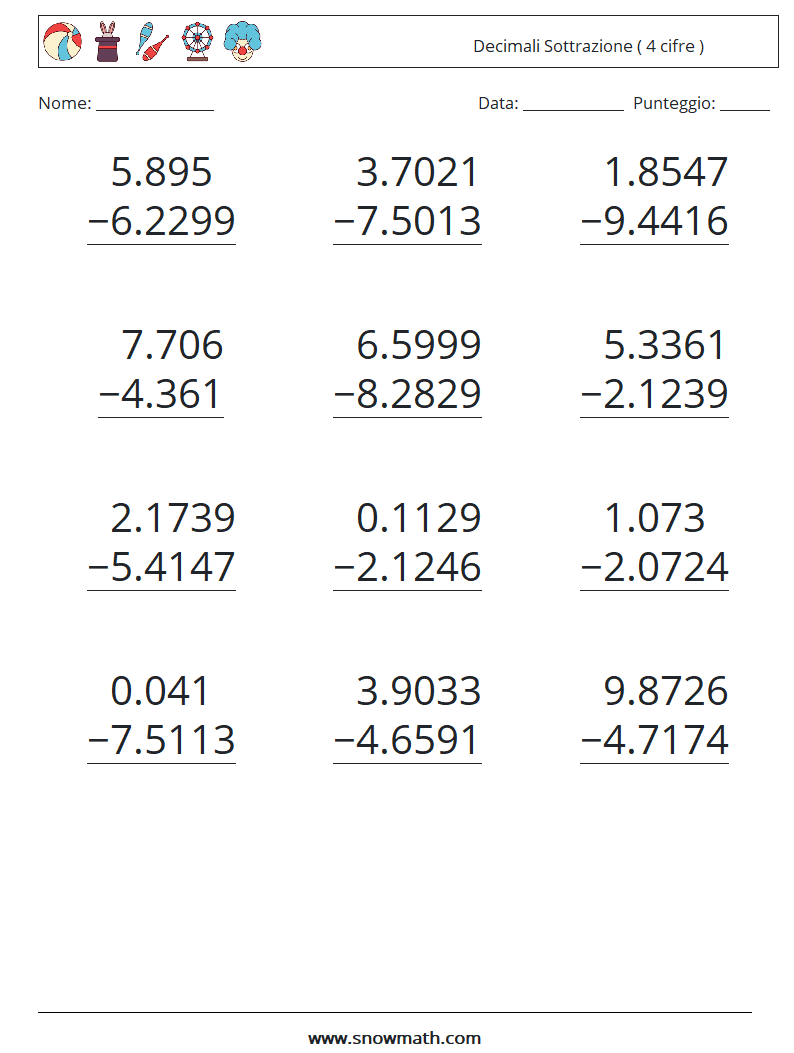 (12) Decimali Sottrazione ( 4 cifre ) Fogli di lavoro di matematica 13