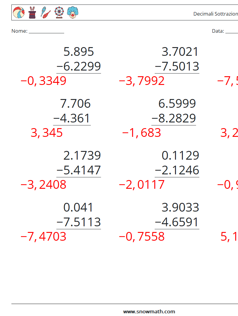 (12) Decimali Sottrazione ( 4 cifre ) Fogli di lavoro di matematica 13 Domanda, Risposta