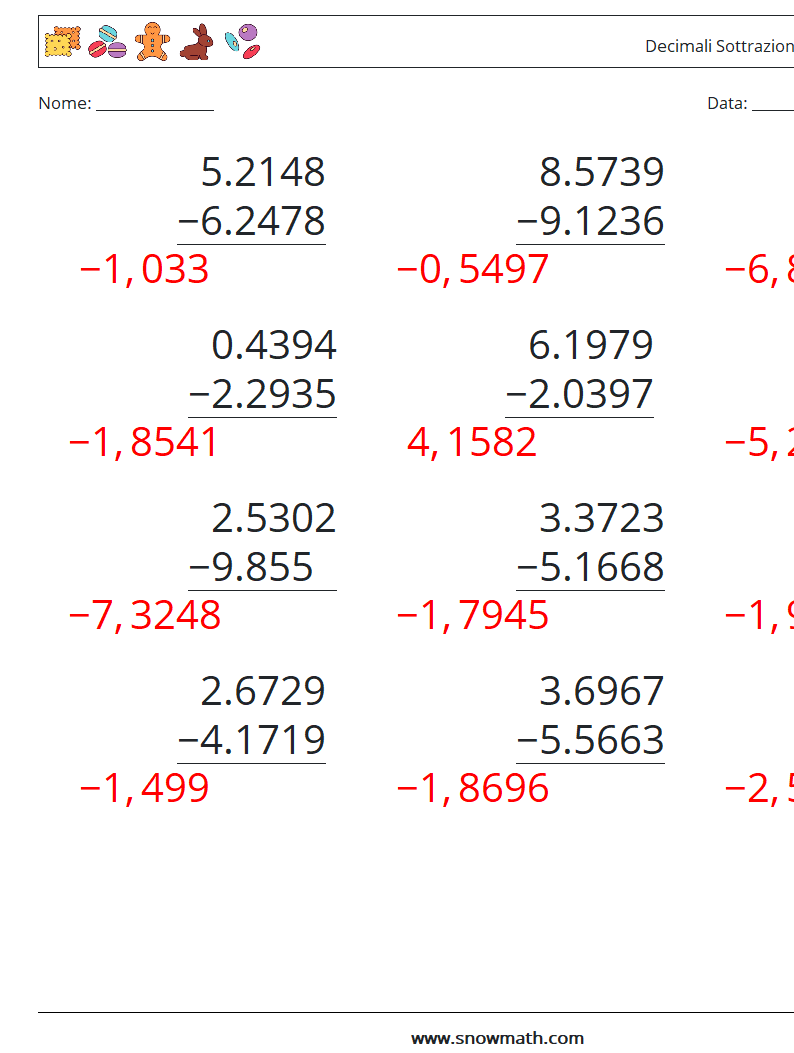 (12) Decimali Sottrazione ( 4 cifre ) Fogli di lavoro di matematica 14 Domanda, Risposta