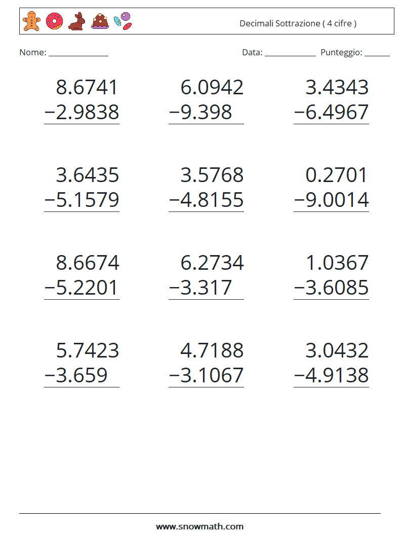 (12) Decimali Sottrazione ( 4 cifre ) Fogli di lavoro di matematica 16