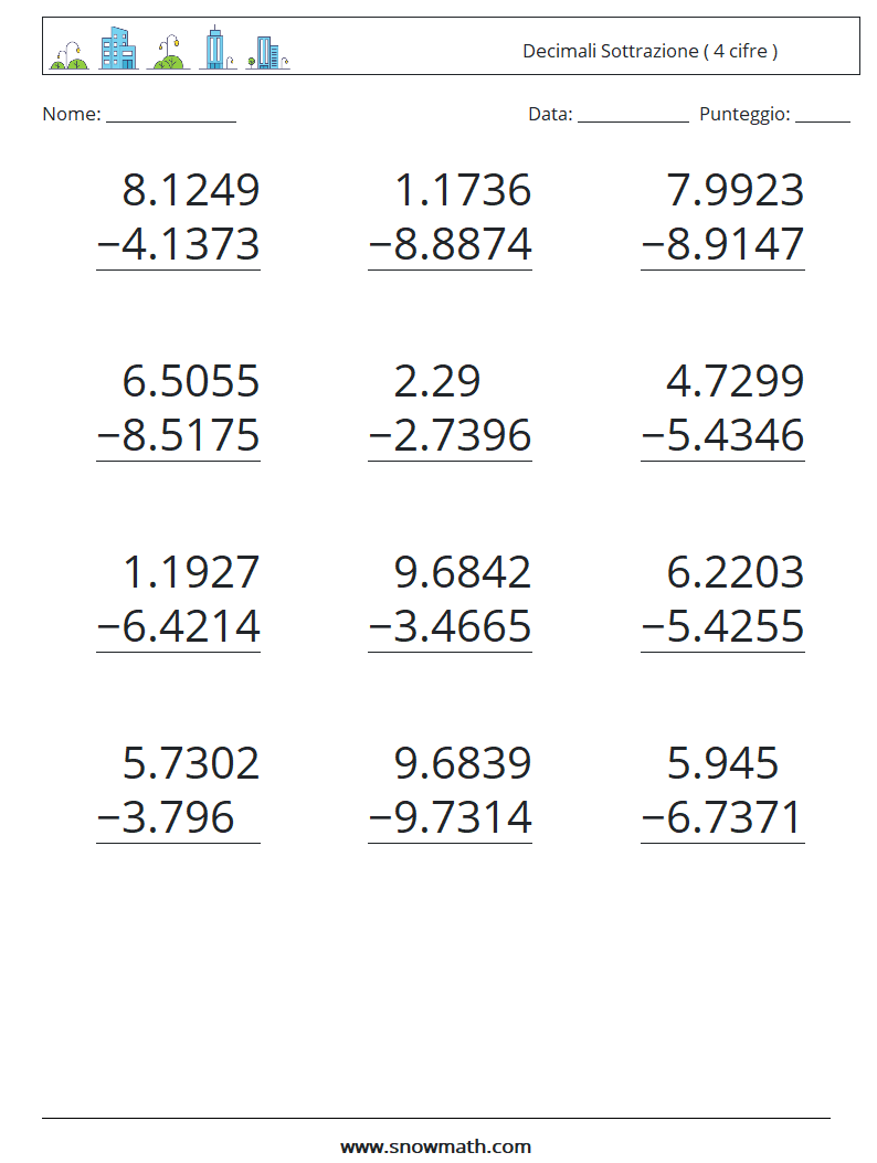 (12) Decimali Sottrazione ( 4 cifre ) Fogli di lavoro di matematica 17