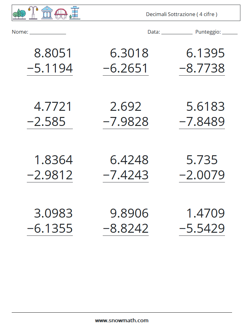 (12) Decimali Sottrazione ( 4 cifre ) Fogli di lavoro di matematica 18