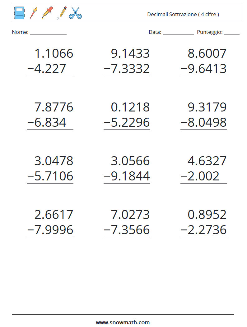 (12) Decimali Sottrazione ( 4 cifre ) Fogli di lavoro di matematica 2