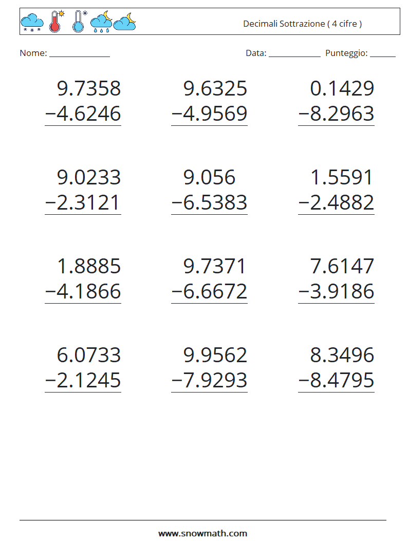 (12) Decimali Sottrazione ( 4 cifre ) Fogli di lavoro di matematica 3