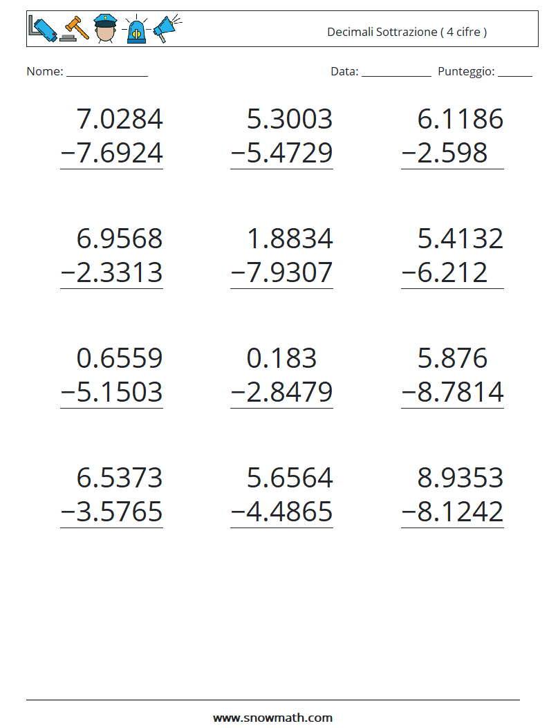 (12) Decimali Sottrazione ( 4 cifre ) Fogli di lavoro di matematica 4