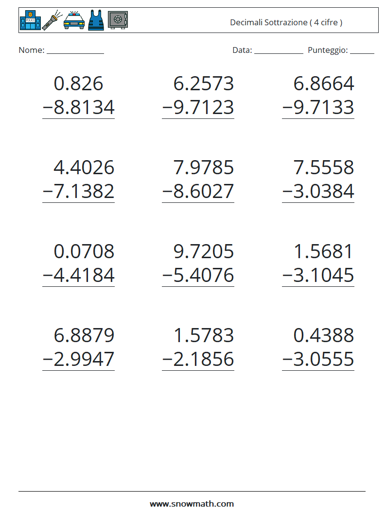 (12) Decimali Sottrazione ( 4 cifre ) Fogli di lavoro di matematica 6