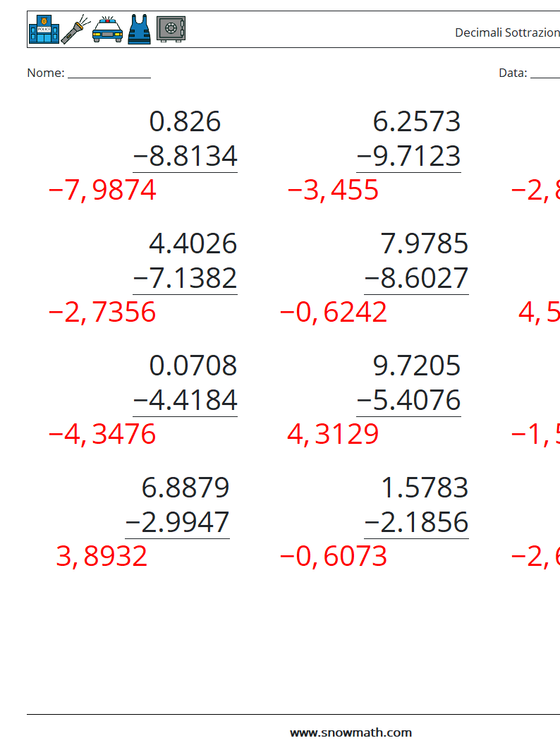 (12) Decimali Sottrazione ( 4 cifre ) Fogli di lavoro di matematica 6 Domanda, Risposta