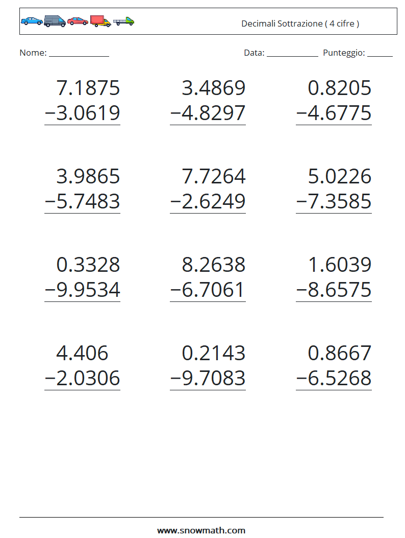 (12) Decimali Sottrazione ( 4 cifre ) Fogli di lavoro di matematica 7