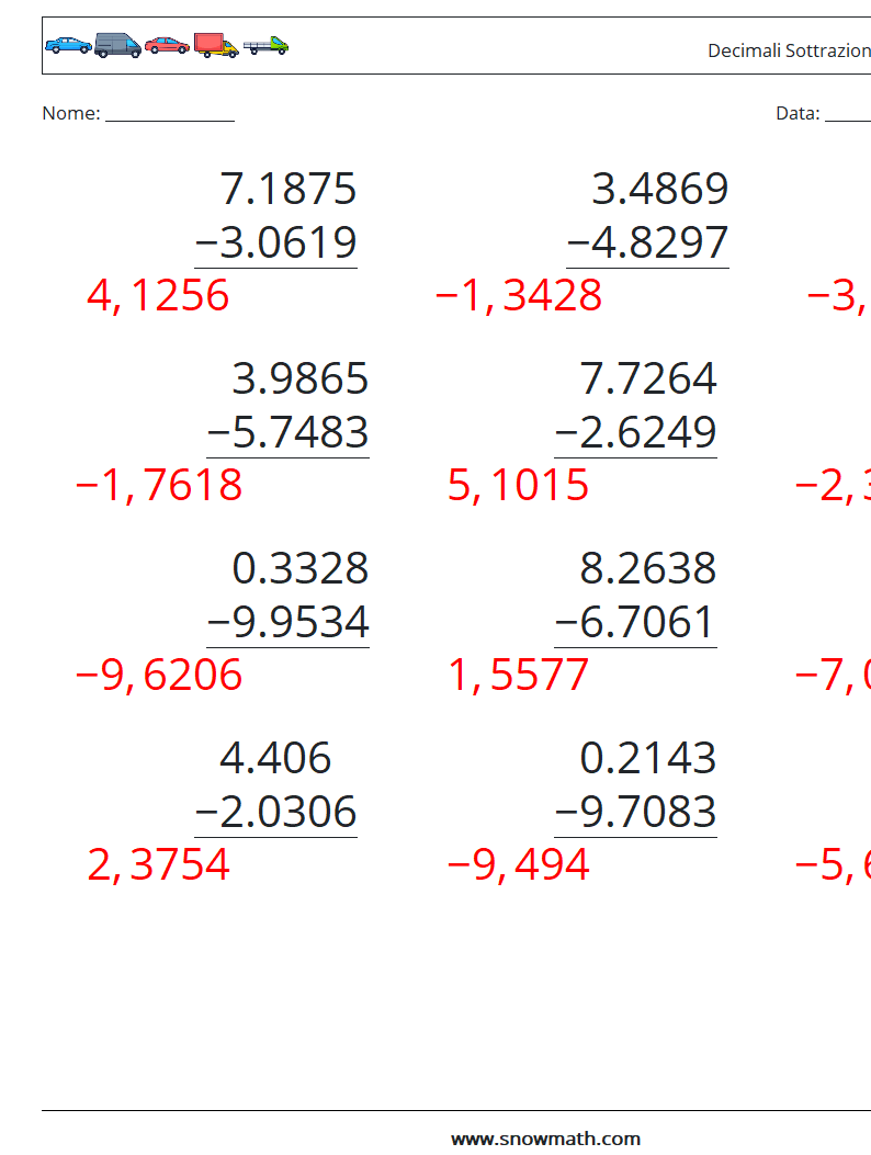 (12) Decimali Sottrazione ( 4 cifre ) Fogli di lavoro di matematica 7 Domanda, Risposta