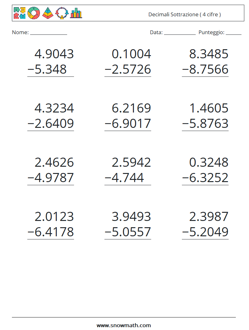 (12) Decimali Sottrazione ( 4 cifre ) Fogli di lavoro di matematica 8