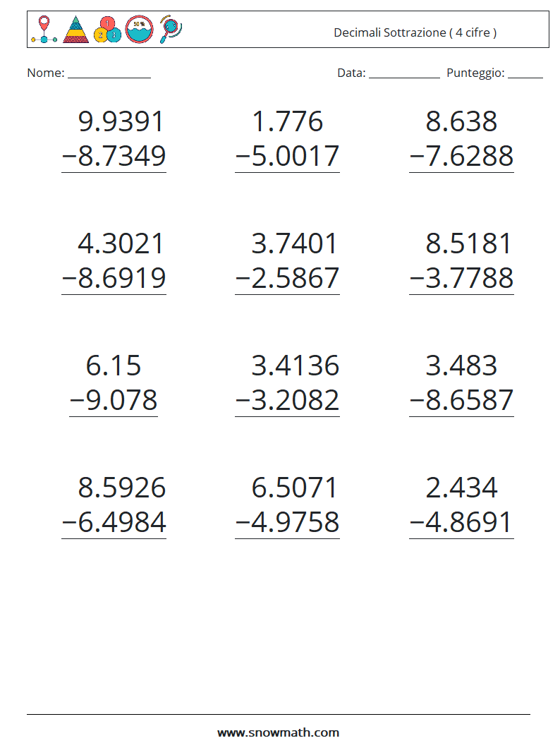 (12) Decimali Sottrazione ( 4 cifre ) Fogli di lavoro di matematica 9