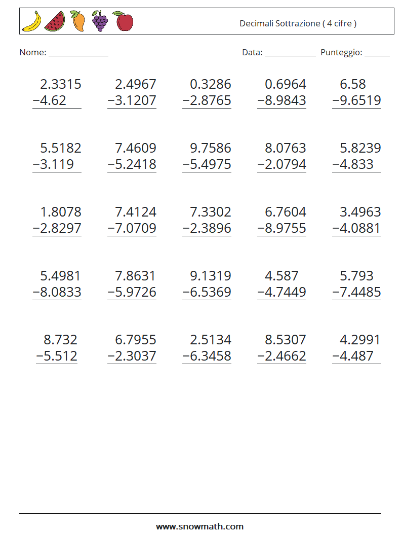 (25) Decimali Sottrazione ( 4 cifre ) Fogli di lavoro di matematica 1