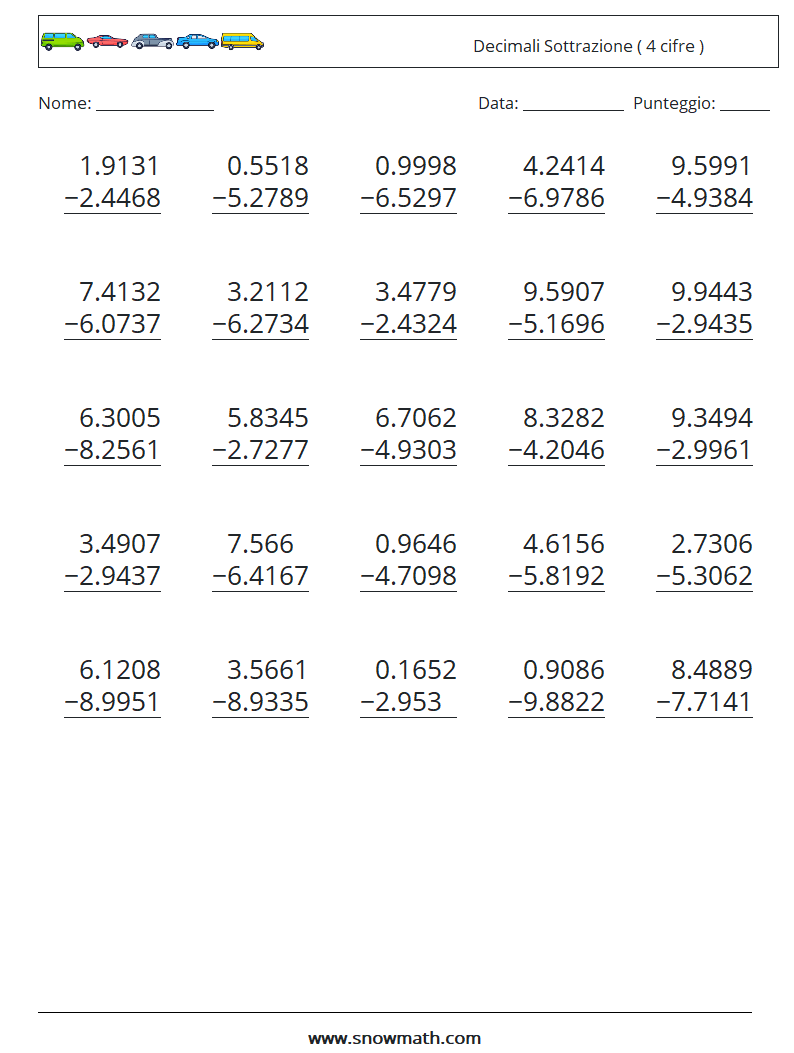 (25) Decimali Sottrazione ( 4 cifre ) Fogli di lavoro di matematica 10