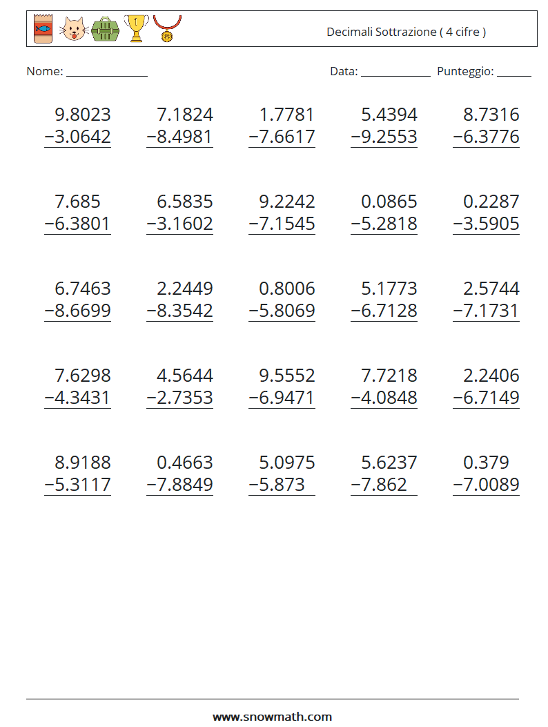 (25) Decimali Sottrazione ( 4 cifre ) Fogli di lavoro di matematica 11