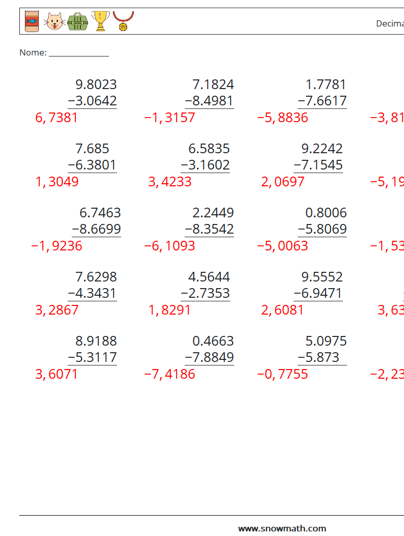 (25) Decimali Sottrazione ( 4 cifre ) Fogli di lavoro di matematica 11 Domanda, Risposta