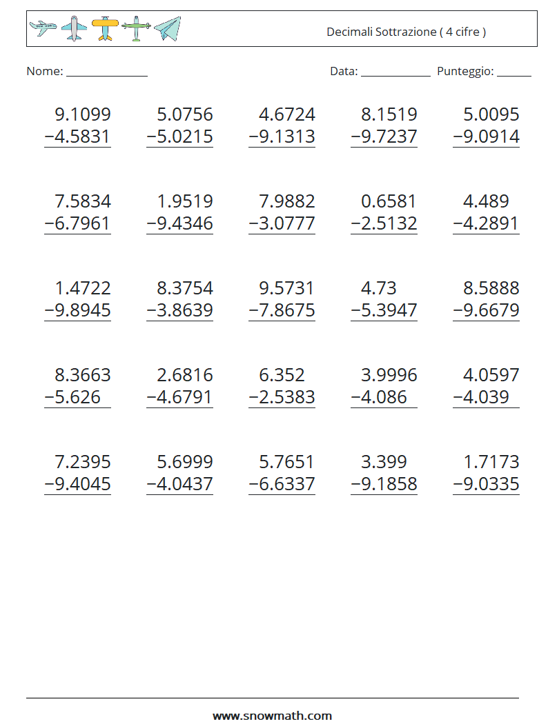 (25) Decimali Sottrazione ( 4 cifre ) Fogli di lavoro di matematica 12