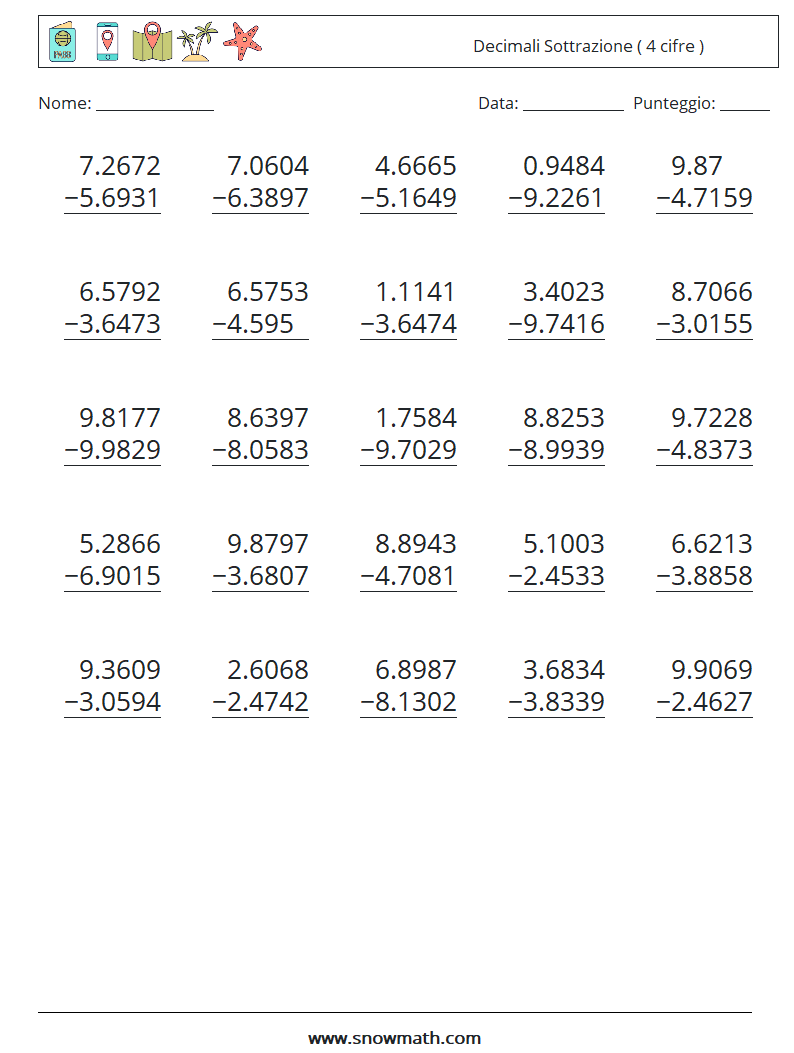 (25) Decimali Sottrazione ( 4 cifre ) Fogli di lavoro di matematica 13